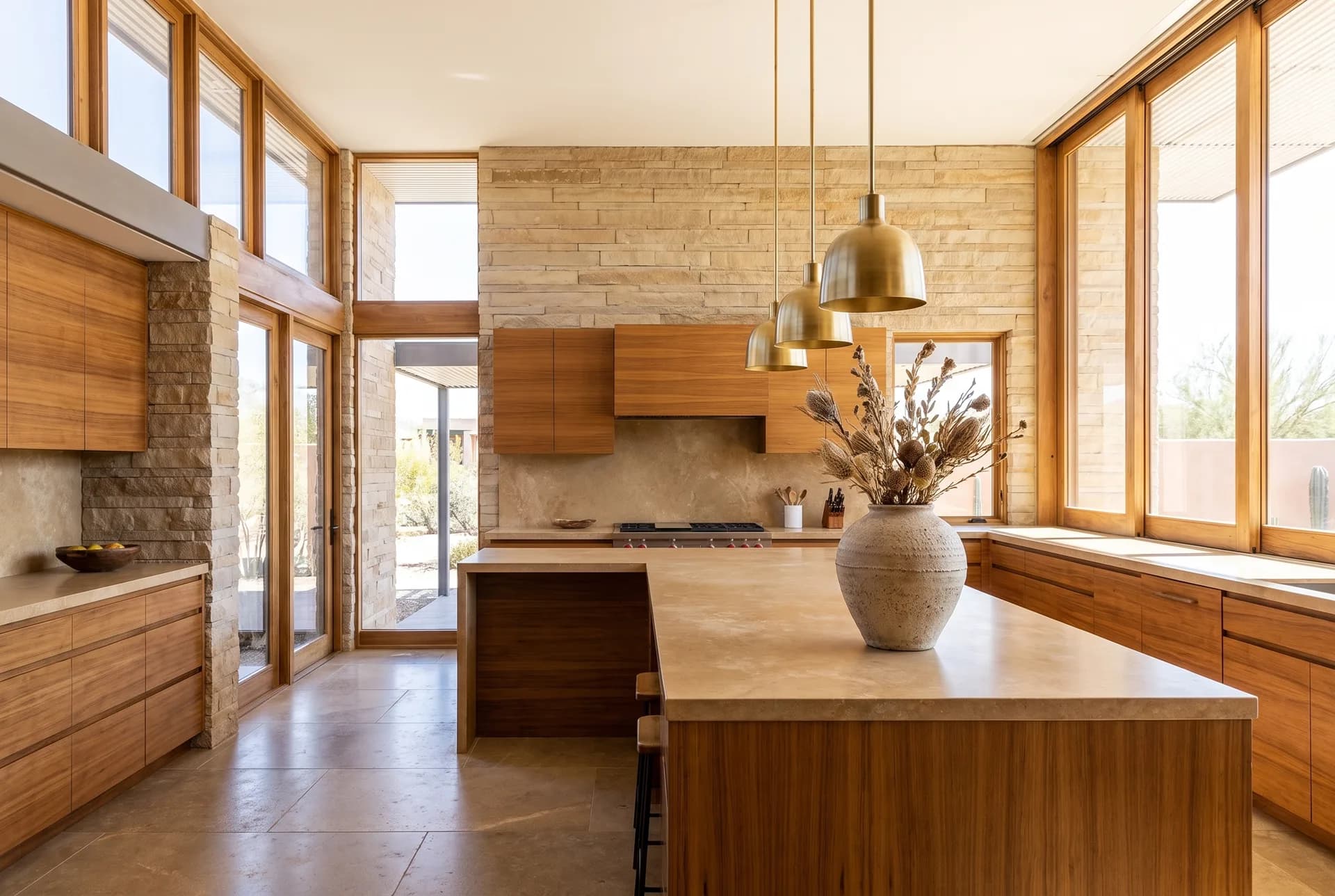Modern kitchen with brass pendant lighting and stone countertops