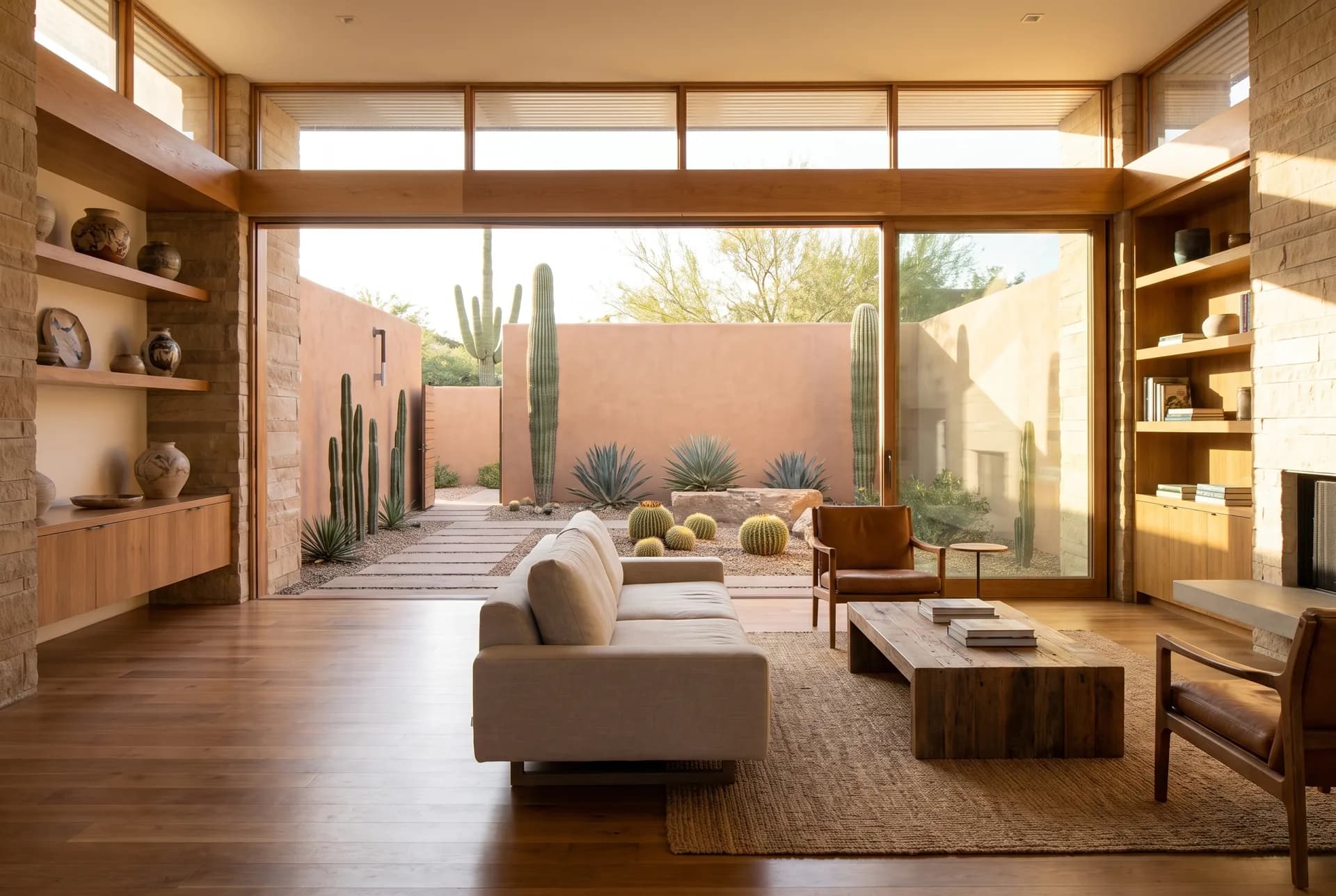 Sunlit modern living room with desert courtyard view