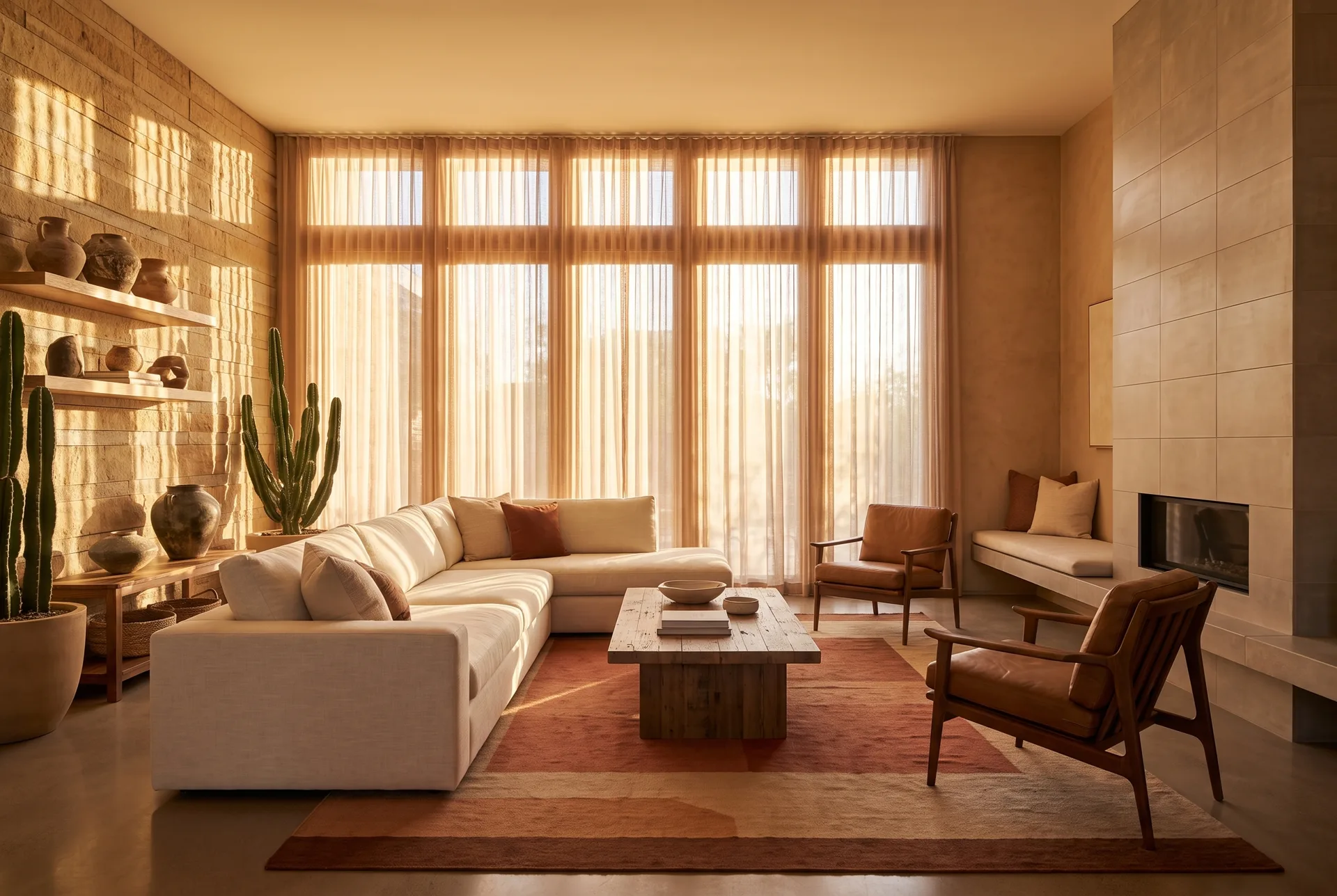 Warmly staged living room with desert-modern styling and natural light