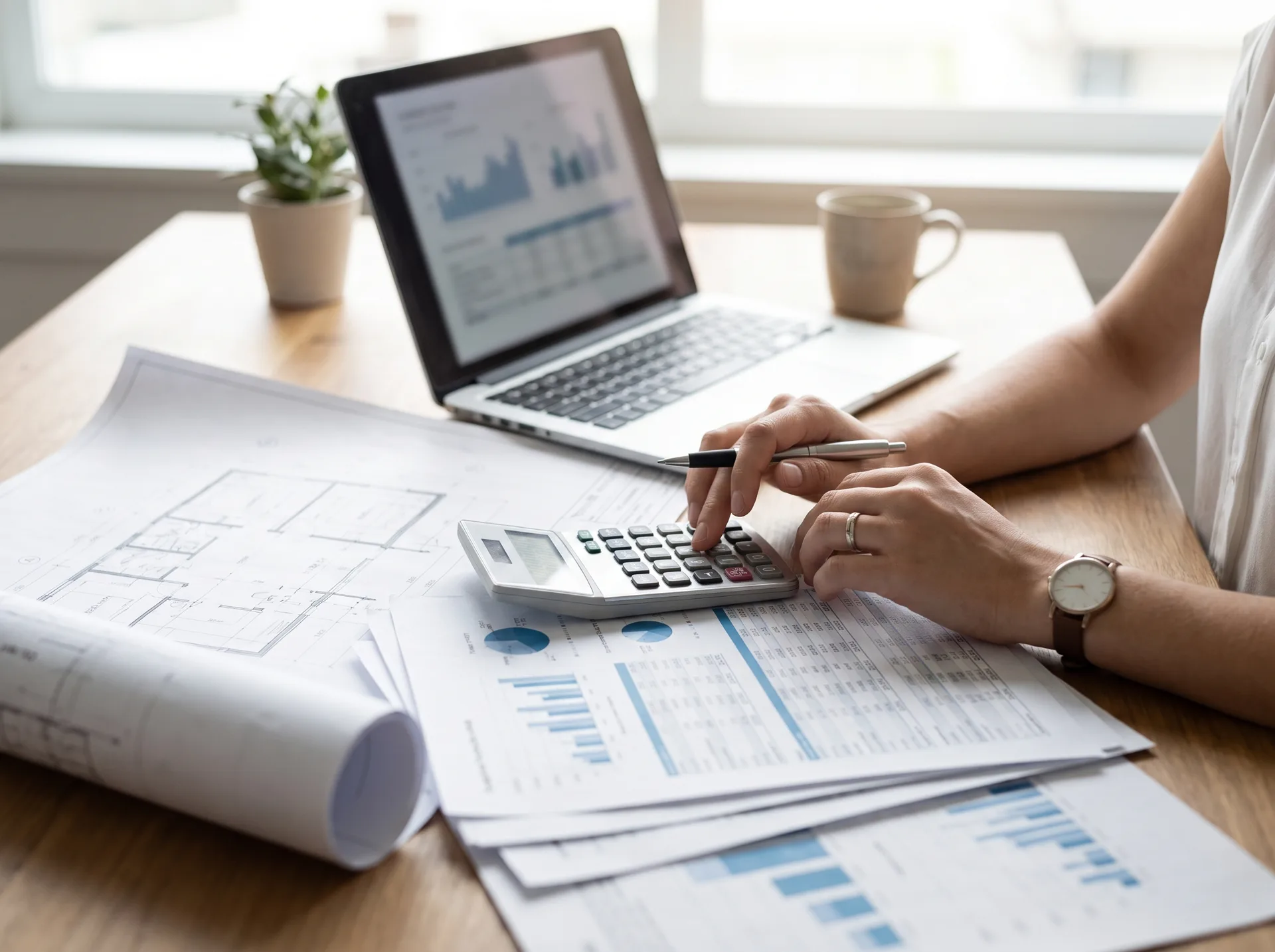 Hands running the numbers on a calculator next to blueprints and financial reports
