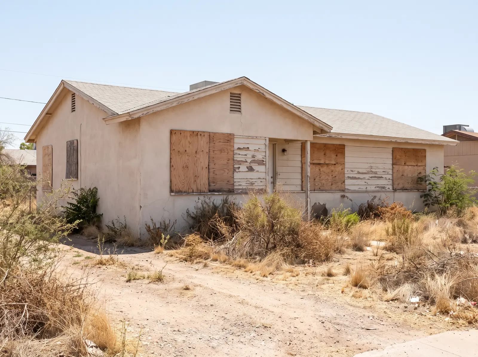 A neglected Phoenix-area home with boarded windows and overgrown yard