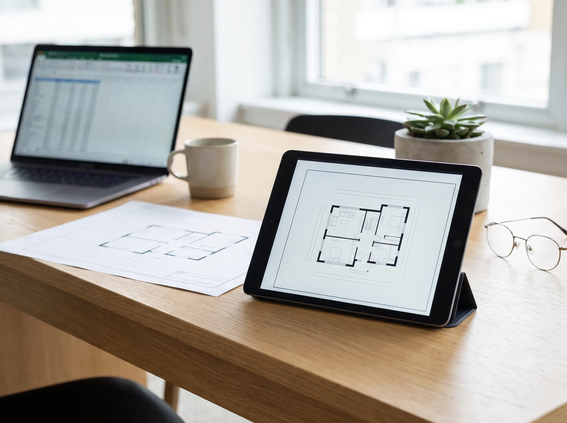 Modern digital architectural floor plan on a tablet next to a laptop with financial data