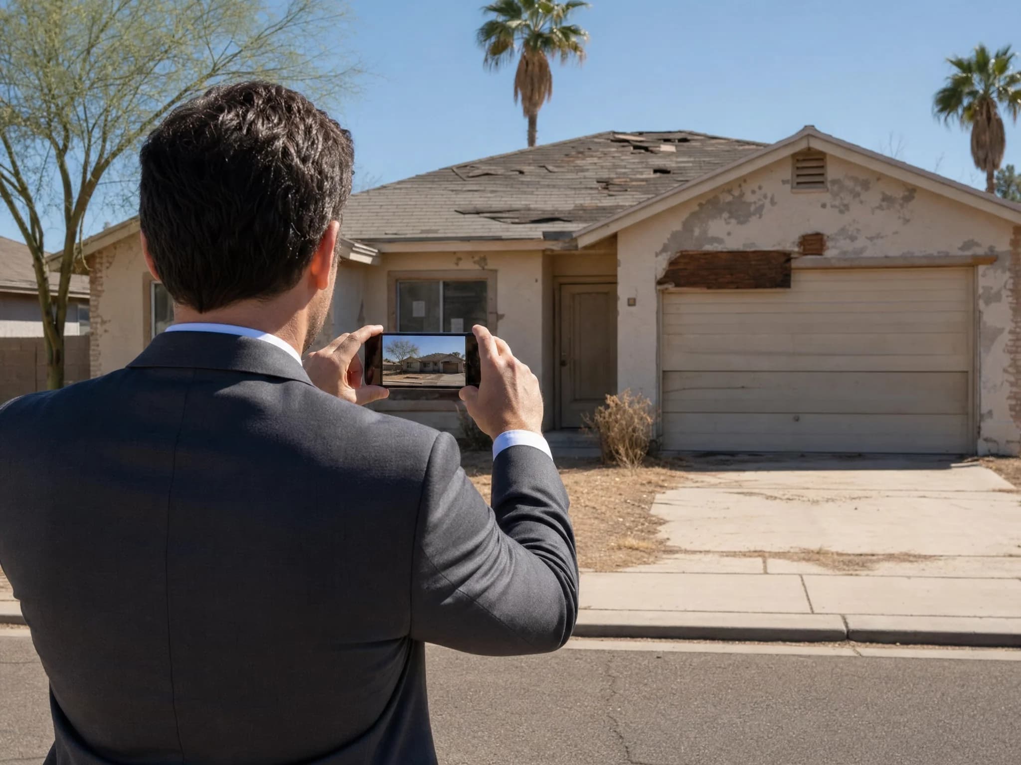 Real estate professional photographing the exterior of a distressed Arizona property for a condition assessment
