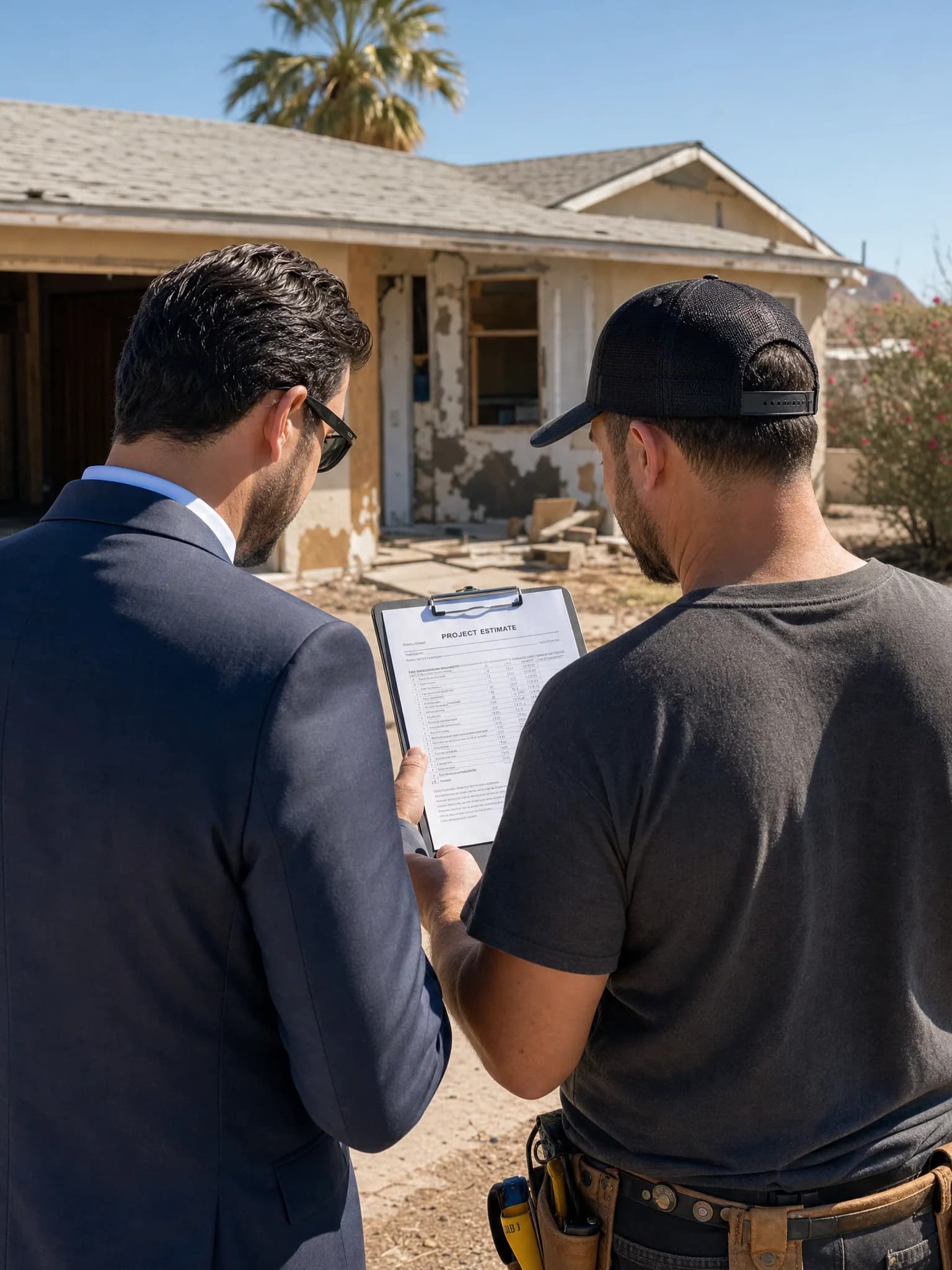 Real estate professional and contractor reviewing a project estimate at a distressed Arizona property